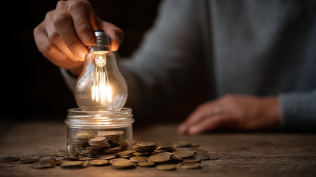 Hand holding light bulb above jar filled with coins, symbolizing ideas and financial growth. warm glow of bulb contrasts with dark background, creating inspiring atmosphereの素材