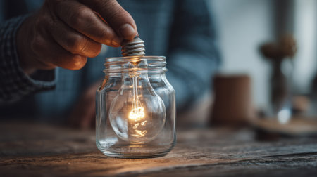 Hand holding light bulb, placing it into glass jar, warm glow illuminating rustic wooden table, creating cozy atmosphere, perfect for home decor or creative lighting ideasの素材