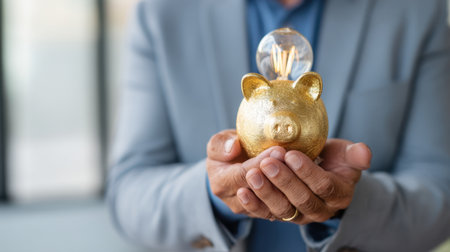 Person holds golden piggy bank with light bulb on top, symbolizing savings and innovative ideas. image conveys sense of financial growth and creativityの素材