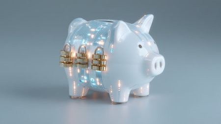 Modern piggy bank with sleek design, featuring digital circuits and three golden locks, symbolizes security and savings in futuristic contextの素材