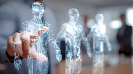 Futuristic digital representation of human figures being manipulated by person, showcasing technology and innovation in modern workspace. scene conveys sense of advancement and creativityの素材