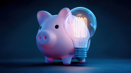 Creative piggy bank with light bulb attached, symbolizing savings and innovative ideas. This unique design represents financial growth and inspiration in modern contextの素材