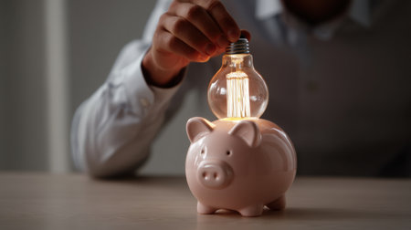 Person is placing light bulb on top of piggy bank, symbolizing idea of saving money and bright ideas. This conveys sense of innovation and financial planningの素材