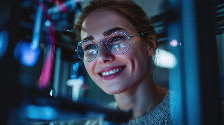 Woman with glasses smiles while working on 3D printer in modern workspace. environment is illuminated with soft blue lighting, creating focused and innovative atmosphereの素材
