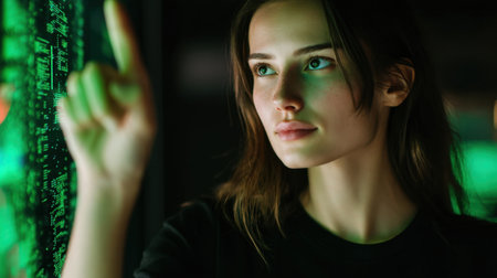 Young woman interacts with digital interface, showcasing focused expression. background features glowing green patterns, suggesting high tech environmentの素材