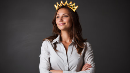 Confident woman with crown made of light, smiling and standing with arms crossed. image conveys sense of empowerment and self assurance, perfect for themes of leadership and successの素材