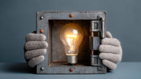 Light bulb in safe box held by gloved hands, symbolizing protection and innovation. warm glow of bulb contrasts with cool metal of safe, creating unique visualの素材