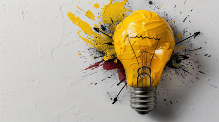Bright yellow paint fills light bulb, symbolizing creativity and innovation, surrounded by vibrant splashes of color textured white background. This artistic representation evokes inspirationの素材
