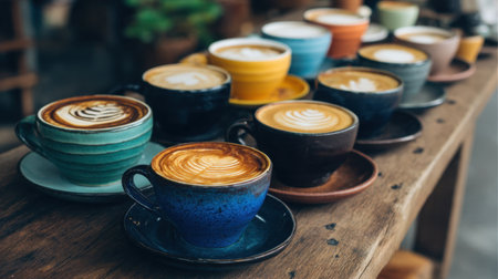 Delight in vibrant display of coffee cups arranged on wooden table, showcasing various latte art designs. Each cup features unique colors and styles, creating inviting atmosphereの素材