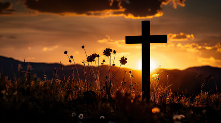 Cross silhouette at sunset surrounded by wildflowers creates serene and reflective atmosphere. warm hues of sky enhance peaceful scene, inviting contemplation and connection with natureの素材