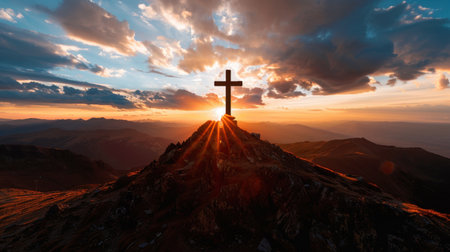 Cross on mountain peak silhouetted against vibrant sunset, with rays of light streaming through clouds, creating serene and spiritual atmosphereの素材