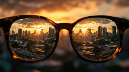 Stunning sunset view through glasses, showcasing vibrant city skyline with sun rays illuminating buildings. scene captures blend of urban life and natural beauty, evoking sense of wonderの素材