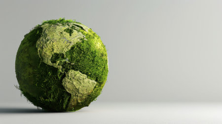 Globe covered green moss symbolizes environmental sustainability and global awareness. This artistic representation highlights importance of protecting our planet and promoting eco friendlyの素材
