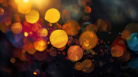 Bright and colorful bokeh lights create mesmerizing abstract background, featuring vibrant circles in shades of orange, yellow, and purple, evoking sense of warmth and joyの素材