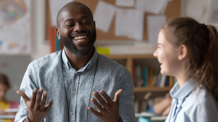 Engaging teacher interacts with student in classroom, fostering positive learning environment. joyful exchange highlights importance of communication and connection in educationの素材