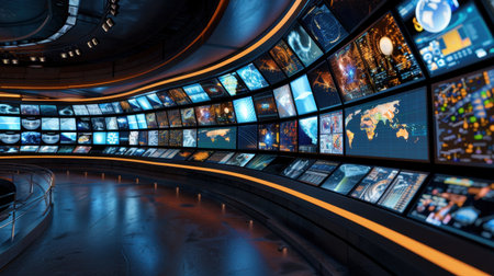 Modern control room featuring multiple large screens displaying various data visualizations, maps, and graphics. sleek design and ambient lighting create high tech atmosphere, ideal for monitoringの素材