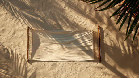 Serene hammock rests on sandy surface, surrounded by gentle shadows of palm leaves. light fabric invites relaxation and tranquility, perfect for peaceful retreatの素材