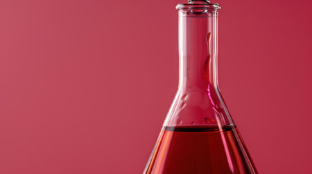 Glass laboratory flask filled with vibrant red liquid stands against pink background, showcasing clarity and color of substance. image captures essence of scientific explorationの素材