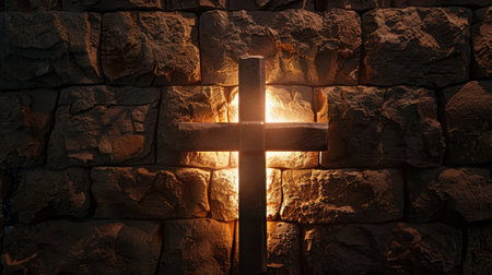 Ancient stone cross illuminated by warm sunlight against textured stone wall, creating serene and spiritual atmosphere. interplay of light and shadow enhances beauty of sceneの素材