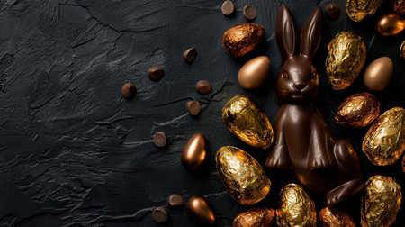 Delightful chocolate bunny surrounded by assorted foil wrapped chocolate eggs on dark textured background, creating festive and inviting atmosphere for celebrationsの素材