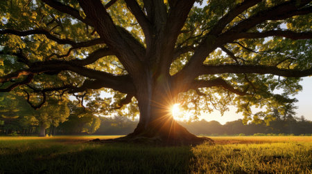 Large oak tree with lush green leaves stands majestically, its branches stretching wide as sunlight filters through, creating serene and peaceful atmosphere in landscapeの素材