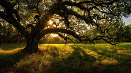 Serene meadow with majestic oak tree illuminated by glowing sun, casting long shadows across lush grass, creating peaceful and tranquil atmosphereの素材