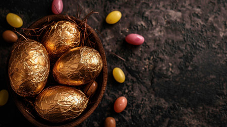 Golden Easter eggs in wooden bowl surrounded by colorful candy eggs create festive atmosphere. shiny foil adds touch of elegance, perfect for celebrationsの素材