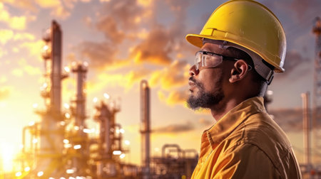 Focused engineer wearing yellow hard hat and safety glasses stands in front of industrial facility at sunset, reflecting on sustainable practices in engineeringの素材