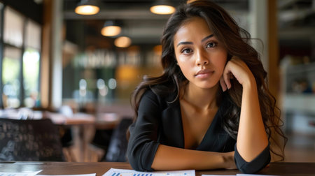 Focused female analyst is reviewing multiple reports and data sheets in modern office setting. She appears thoughtful and engaged, surrounded by professional atmosphereの素材