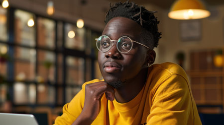 Thoughtful male student wearing glasses and yellow sweatshirt, sitting in modern learning environment, engaged in deep contemplation while interacting with technologyの素材
