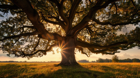 Majestic oak tree with sprawling branches illuminated by sun rays, set in panoramic meadow during golden hour, creating serene and tranquil atmosphereの素材