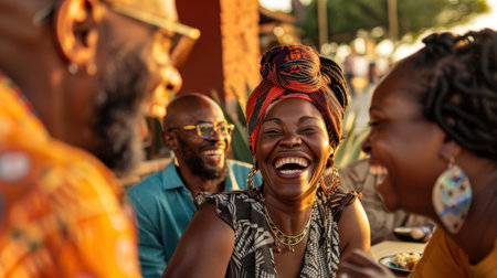 Joyful gathering of friends enjoying lively conversation at outdoor table, sharing laughter and good food, creating memorable moments togetherの素材