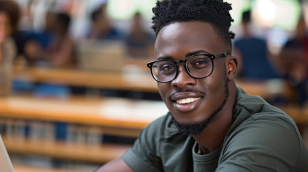 Young man smiling while sitting at desk in study environment, wearing glasses and casual shirt, engaged in positive moment. atmosphere is lively and focused, ideal for learningの素材
