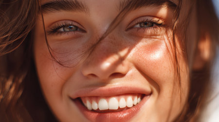 Smiling young woman with natural beauty, glowing skin, and soft hair illuminated by sunlight, showcasing joyful expression and vibrant eyesの素材