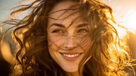 Smiling woman with curly hair sunlight illuminating her face joyful expression outdoor setting warm tones natural beauty carefree moment vibrant atmosphere close up portraitの素材
