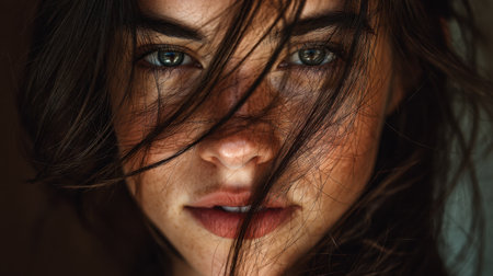 Close up portrait of young woman with striking features, showcasing her expressive eyes and natural beauty. Her hair partially obscures her face, adding sense of mystery and depthの素材