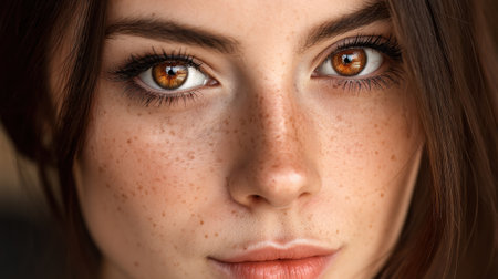 Close up portrait of young woman with striking brown eyes and freckles, showcasing her natural beauty and captivating expression. soft lighting enhances her features, creating intimate atmosphereの素材