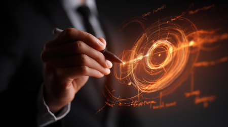 Businessman using pen to create glowing digital interface with abstract shapes and lines, symbolizing innovation and technology in modern workspaceの素材