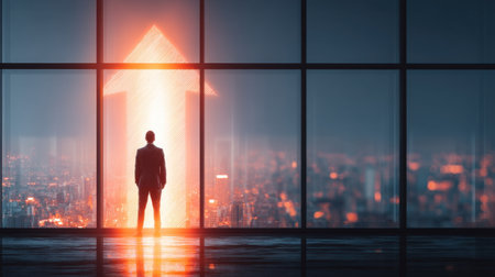 Business professional stands in modern office, gazing out at city skyline illuminated by glowing upward arrow, symbolizing growth and success. atmosphere conveys ambition and determinationの素材