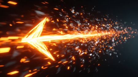 Dynamic arrow made of glowing orange light is depicted, surrounded by fragments that appear to be breaking apart, creating sense of speed and motion. background is dark, enhancing vibrant colorsの素材