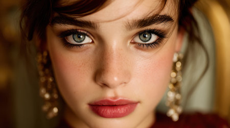 Close up portrait of young woman with striking blue eyes and full lips. She has long, dark hair and wears elegant earrings, exuding sense of beauty and confidenceの素材