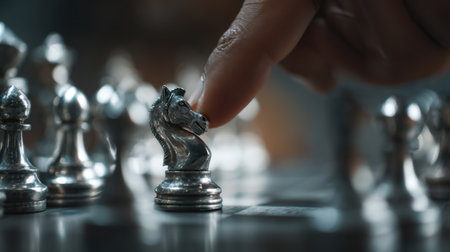Hand moves silver chess piece, specifically knight, on chessboard surrounded by other metallic pieces. scene captures strategic nature of game, emphasizing focus and concentrationの素材