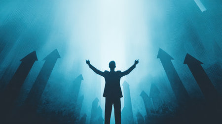 Empowered businessman stands with arms raised, celebrating success against backdrop of upward arrows symbolizing growth and achievement. atmosphere conveys motivation and ambitionの素材