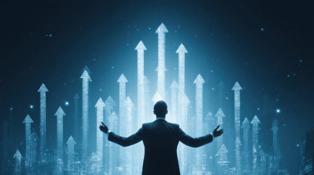 Business professional stands confidently with arms outstretched, surrounded by glowing upward arrows symbolizing growth and success in digital landscape. scene conveys ambition and progressの素材