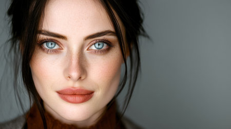 Close up portrait of woman with striking blue eyes and natural makeup, showcasing her flawless skin and soft features. background is neutral, enhancing her beautyの素材