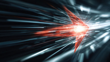 Dynamic arrow design with light streaks, symbolizing speed and direction. vibrant red arrow stands out against dark background, creating sense of motion and energyの素材