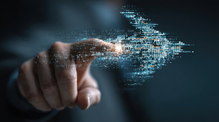 Digital interaction with data visualization technology finger arrow abstract digital communication innovation futuristic interface business connection information network virtual touchscreenの素材