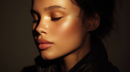 Close up portrait of young woman with glowing skin, showcasing natural beauty and soft features. lighting highlights her cheekbones and creates warm, inviting atmosphereの素材