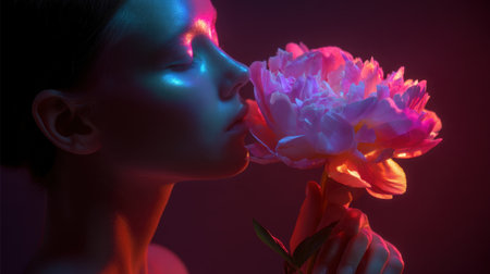 Serene portrait of person gently kissing large flower, illuminated by soft, colorful lighting. scene evokes sense of tranquility and beauty, highlighting delicate features and vibrant petalsの素材