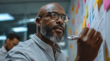 Creative professional engaged in brainstorming session, writing on wall covered with colorful sticky notes. atmosphere is collaborative and focused, showcasing teamwork and innovationの素材